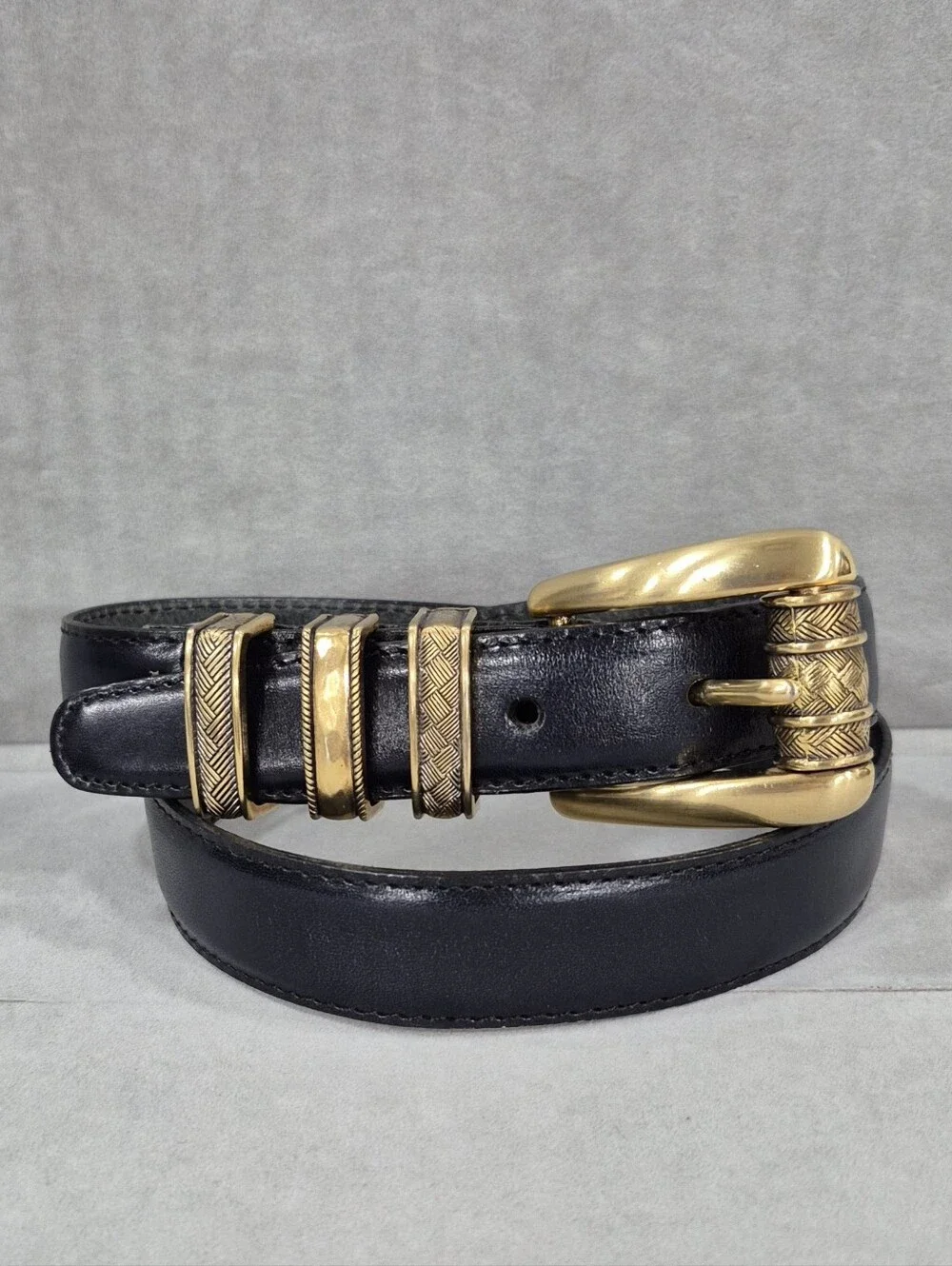 Vtg 90s Brighton belt women's small black leather antiqued gold chunky buckle